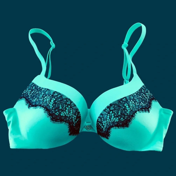 Victorias Secret size 32B Push Up Underwire Bra Mint Green Navy Blue Lace Sexy - Picture 1 of 5